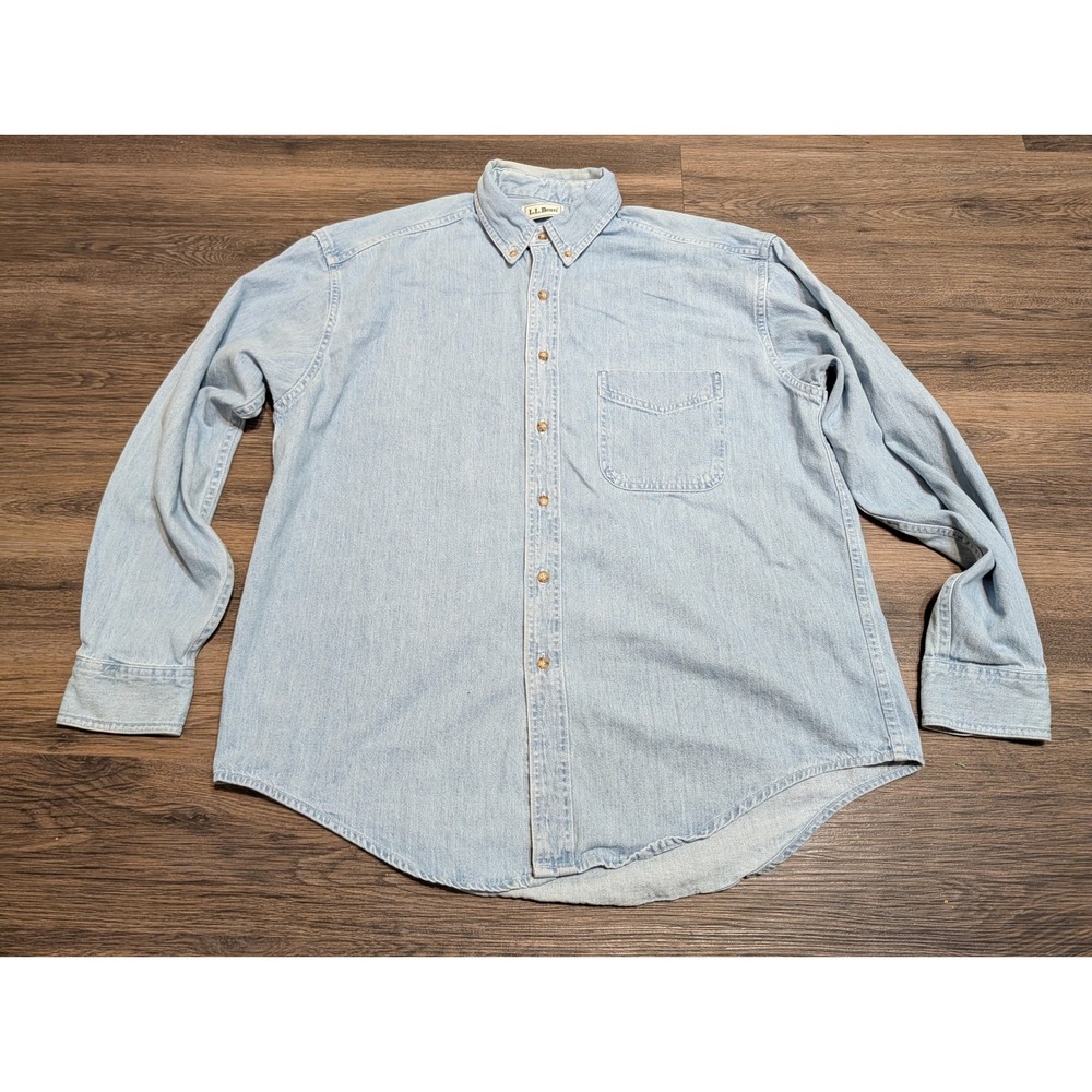 LL Bean Mens Light Wash Denim Button Down Shirt W860 Cotton Blue Large Regular
